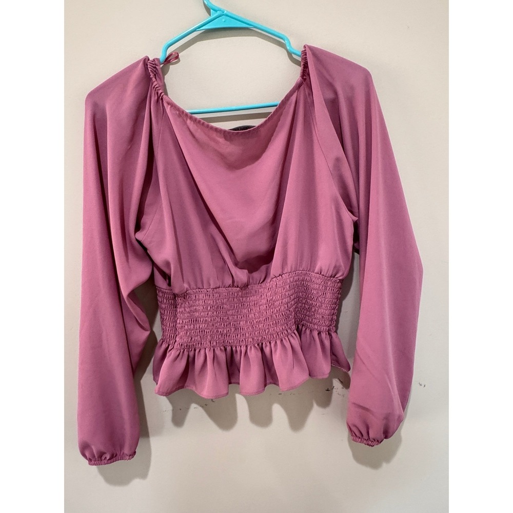 WAYF Peplum Blouse Women Small Pink Smocked Waist Puff Sleeve Romantic Coquette - Picture 9 of 10